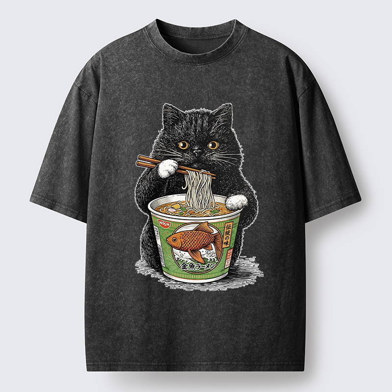Tokyo-Lion Black Cat Eating Japanese Food Washed T-Shirt