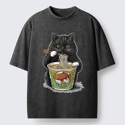 Tokyo-Lion Black Cat Eating Japanese Food Washed T-Shirt