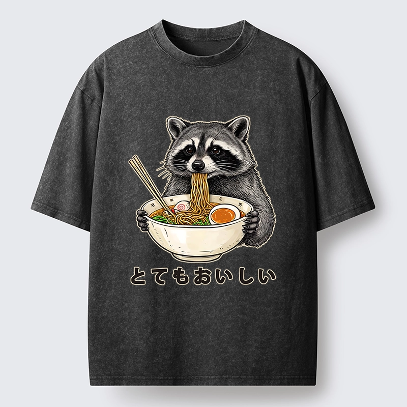 Tokyo-Lion Raccoon Eating A Big Bowl Of Ramen Washed T-Shirt