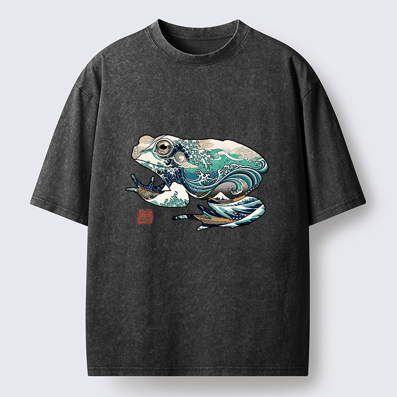 Tokyo-Lion Frogs And Ukiyo-e Waves Washed T-Shirt