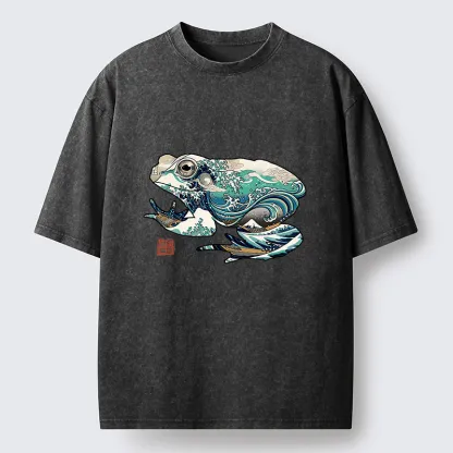 Tokyo-Lion Frogs And Ukiyo-e Waves Washed T-Shirt