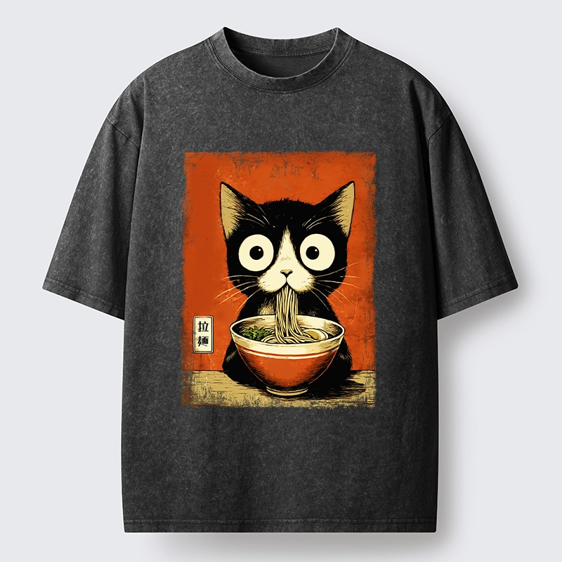 Tokyo-Lion Ramen Loving Black Cat Washed T-Shirt