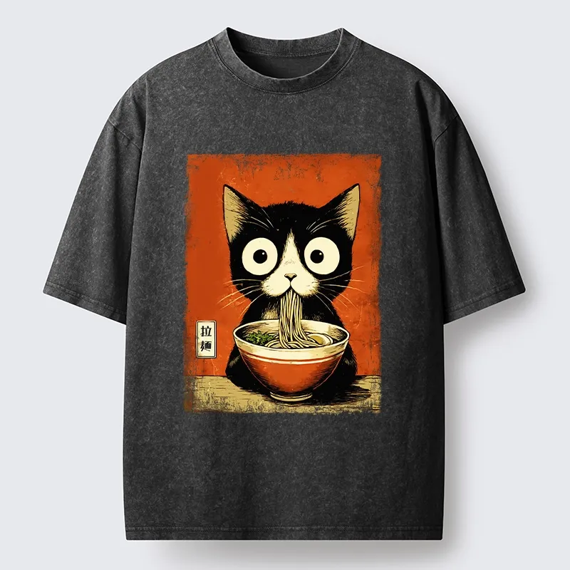Tokyo-Lion Ramen Loving Black Cat Washed T-Shirt