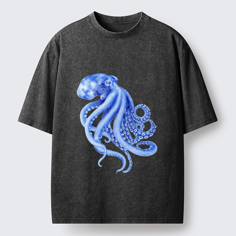 Tokyo-Lion Retro Blue Octopus Washed T-Shirt