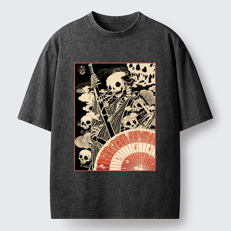 Tokyo-Lion Dark Samurai Skeleton Art Washed T-Shirt