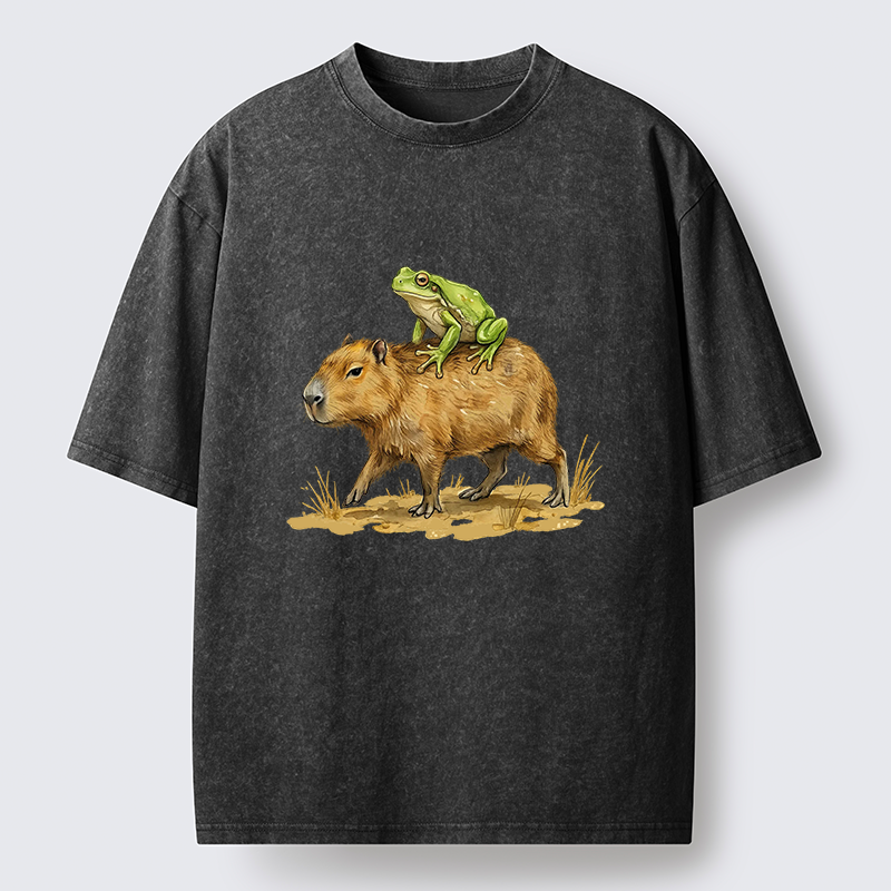 Tokyo-Lion Frog Riding A Capybara Washed T-Shirt