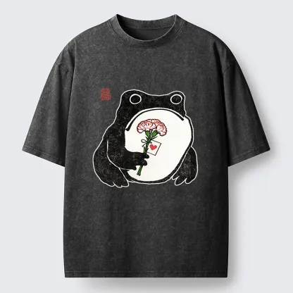 Tokyo-Lion The Frog Holding A Carnation Washed T-Shirt-Tokyo-Lion
