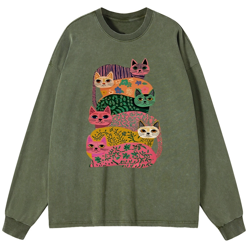 Tokyo-Lion Colorful Cats Washed Long Sleeve T-Shirt-Tokyo-Lion