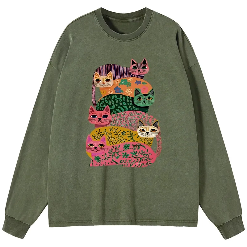 Tokyo-Lion Colorful Cats Washed Long Sleeve T-Shirt-Tokyo-Lion