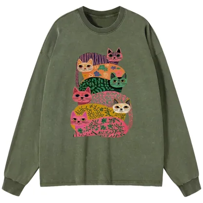 Tokyo-Lion Colorful Cats Washed Long Sleeve T-Shirt-Tokyo-Lion