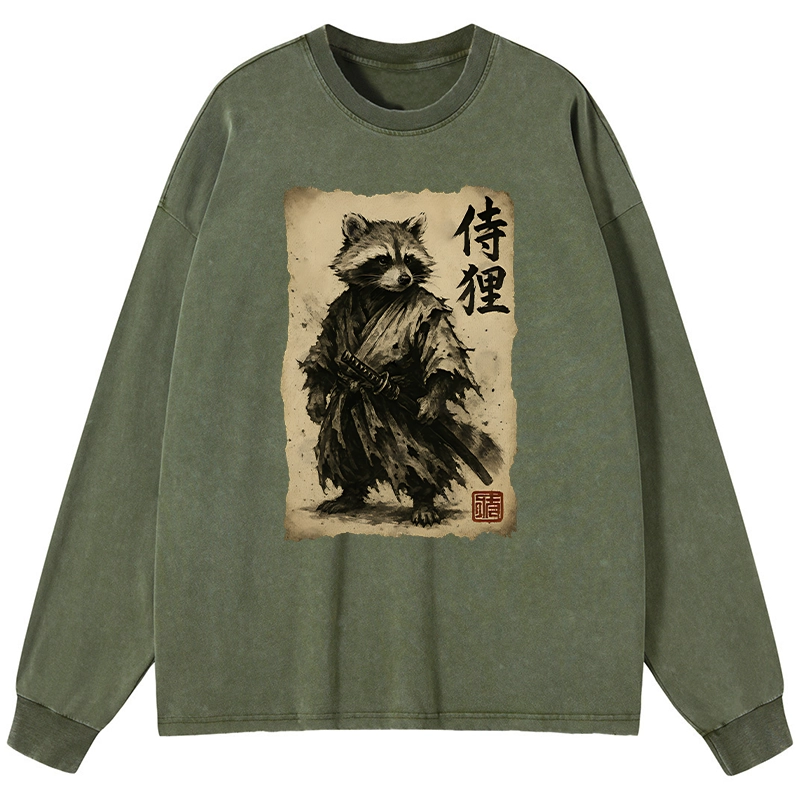 Tokyo-Lion Retro Raccoon Samurai Washed Long Sleeve T-Shirt