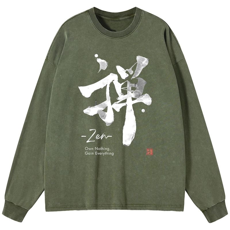 Tokyo-Lion Zen Texts Washed Long Sleeve T-Shirt-Tokyo-Lion