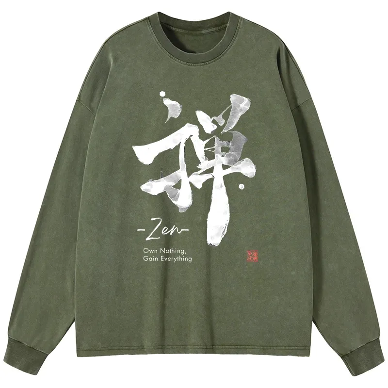 Tokyo-Lion Zen Texts Washed Long Sleeve T-Shirt-Tokyo-Lion