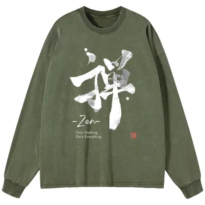 Tokyo-Lion Zen Texts Washed Long Sleeve T-Shirt-Tokyo-Lion