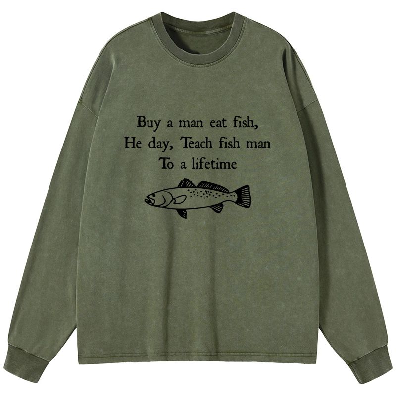 Tokyo-Lion Man Eat Fish Meme Washed Long Sleeve T-Shirt-Tokyo-Lion