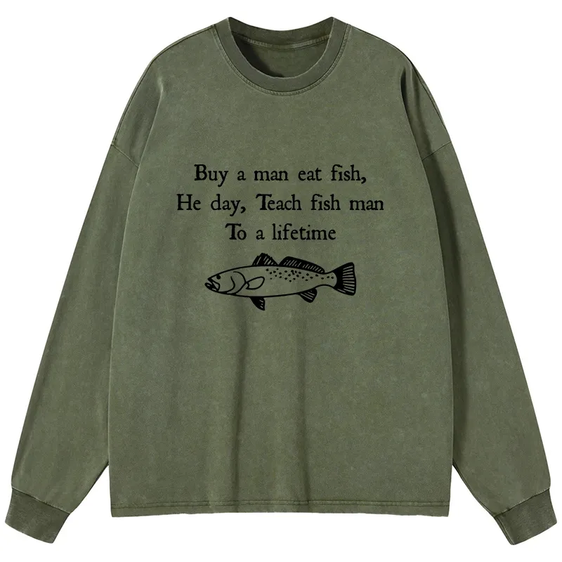 Tokyo-Lion Man Eat Fish Meme Washed Long Sleeve T-Shirt-Tokyo-Lion