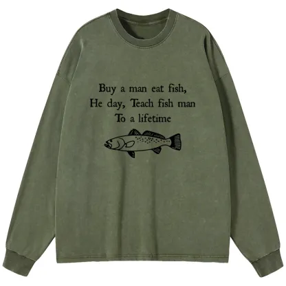 Tokyo-Lion Man Eat Fish Meme Washed Long Sleeve T-Shirt-Tokyo-Lion