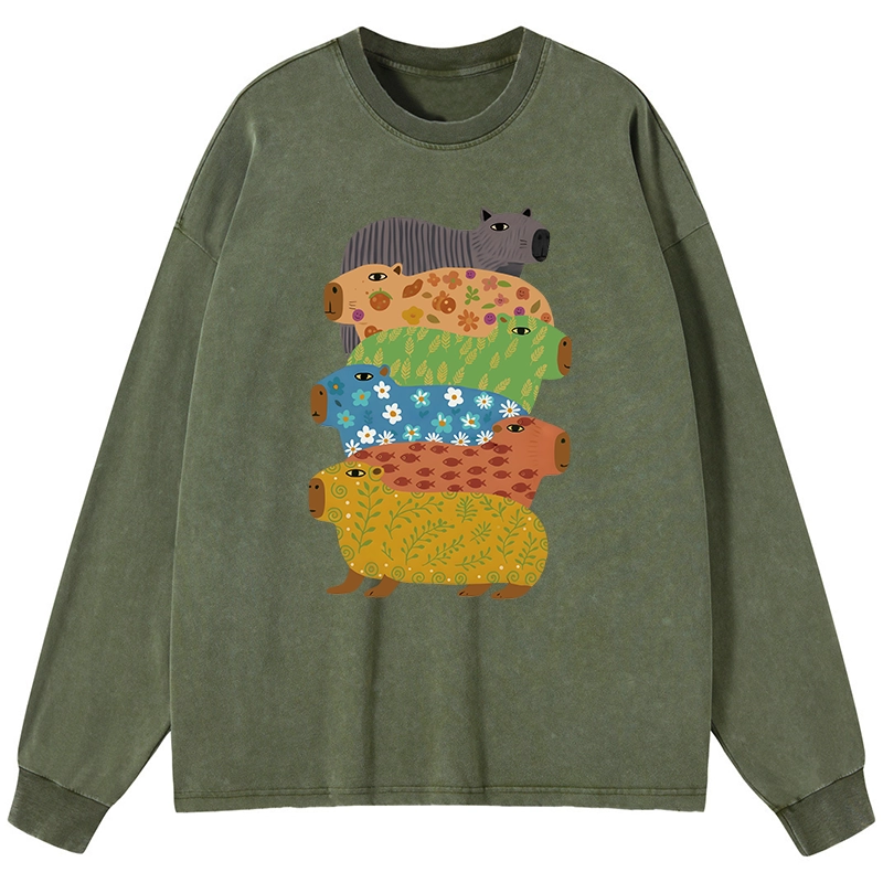 Tokyo-Lion Colorful Capybaras Washed Long Sleeve T-Shirt