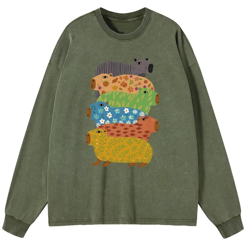 Tokyo-Lion Colorful Capybaras Washed Long Sleeve T-Shirt