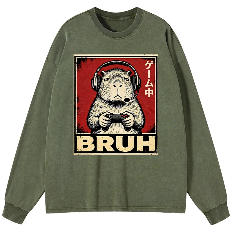 Tokyo-Lion Funny Capybara Playing Games Washed Long Sleeve T-Shirt