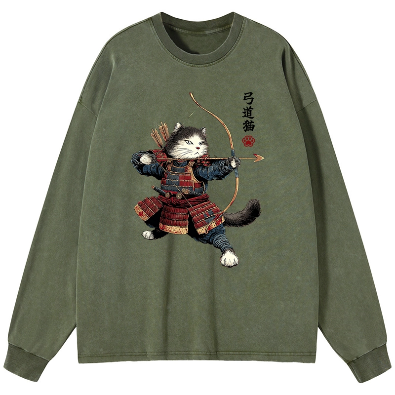 Tokyo-Lion Kyudo Samurai Cat Washed Long Sleeve T-Shirt