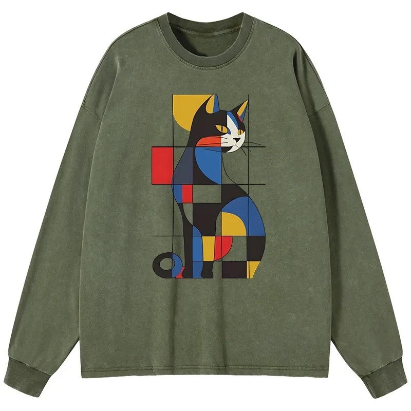 Tokyo-Lion Mondrian Cat Washed Long Sleeve T-Shirt
