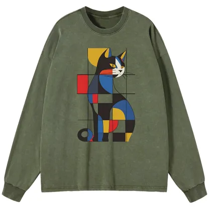 Tokyo-Lion Mondrian Cat Washed Long Sleeve T-Shirt