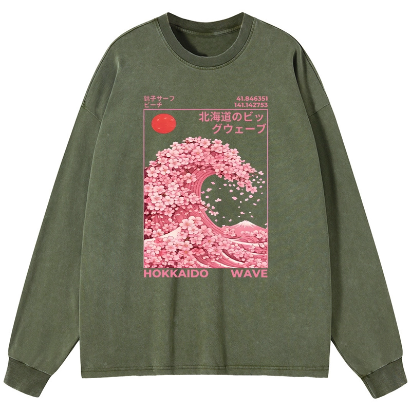 Tokyo-Lion Sakura Wave Washed Long Sleeve T-Shirt