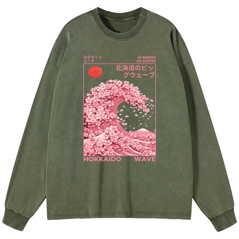 Tokyo-Lion Sakura Wave Washed Long Sleeve T-Shirt