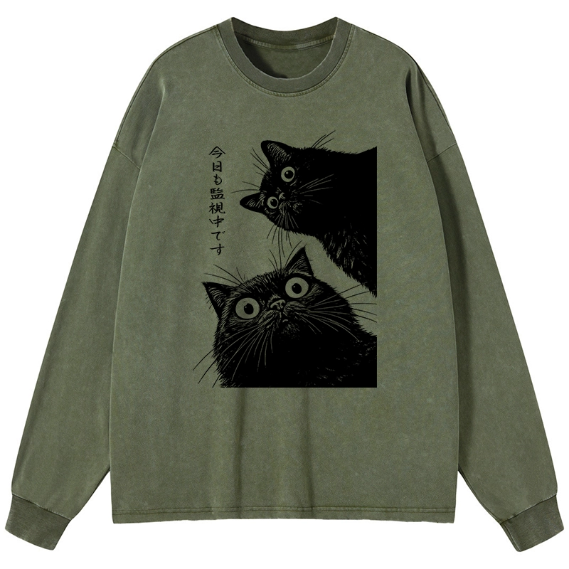 Tokyo-Lion The Cat Is Watching Today Washed Long Sleeve T-Shirt
