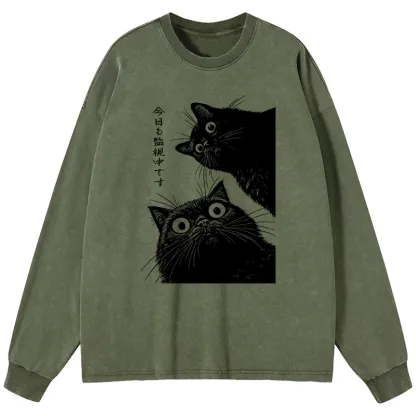 Tokyo-Lion The Cat Is Watching Today Washed Long Sleeve T-Shirt