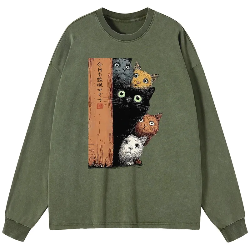 Tokyo-Lion Five Cats Are Watching You Washed Long Sleeve T-Shirt