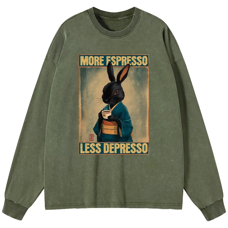 Tokyo-Lion More Espresso Less Depresso Rabbit Washed Long Sleeve T-Shirt