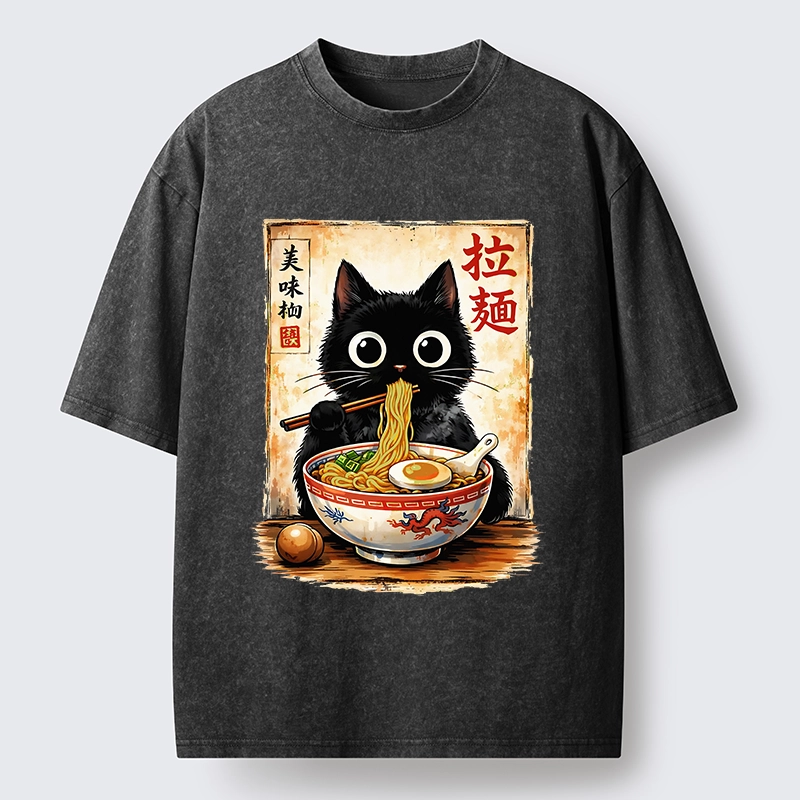 Tokyo-Lion Cute Cat Slurping Ramen Washed T-Shirt