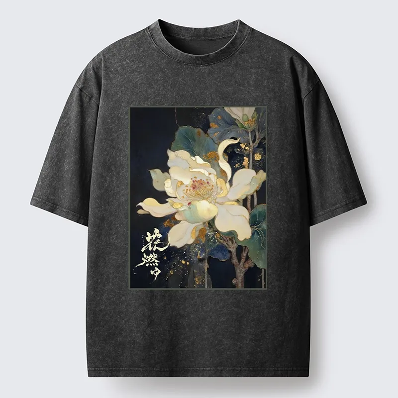 Tokyo-Lion Lotus Adorned With Golden Specks Washed T-Shirt