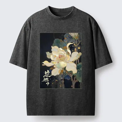 Tokyo-Lion Lotus Adorned With Golden Specks Washed T-Shirt