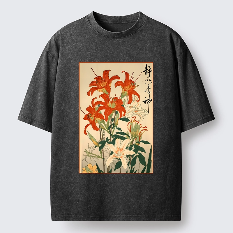 Tokyo-Lion Vibrant Red And White Lilies Washed T-Shirt-Tokyo-Lion