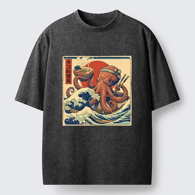 Tokyo-Lion Ukiyo-E Octopus Ramen Master Washed T-Shirt