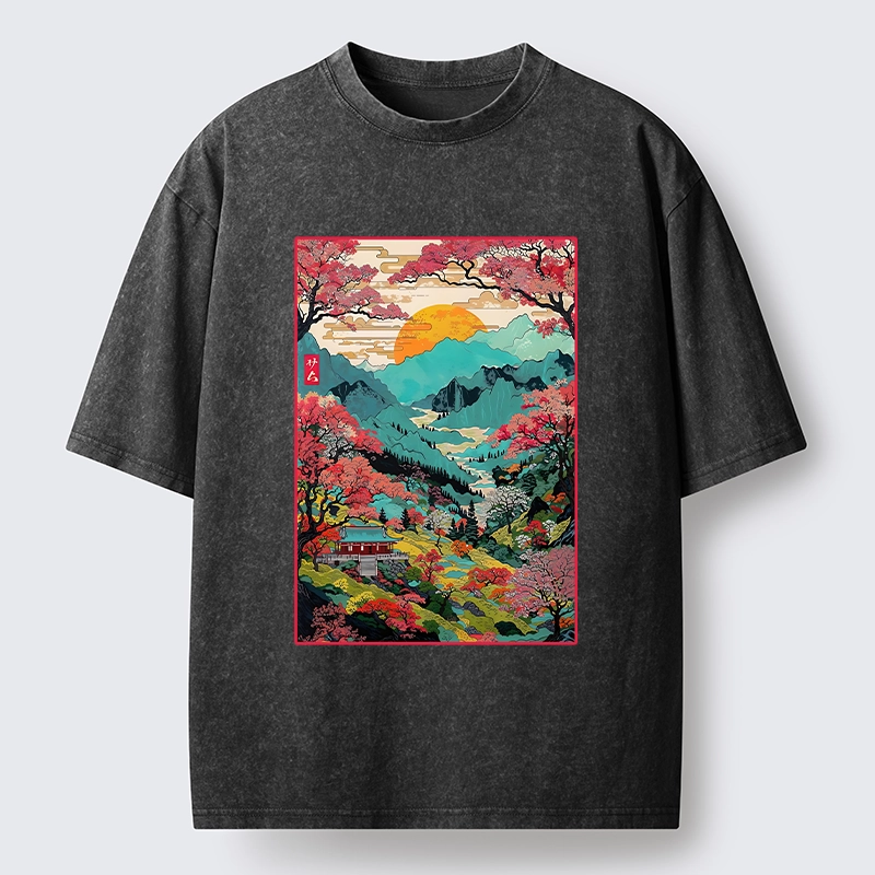 Tokyo-Lion Golden Sun Over Serene Valley Washed T-Shirt