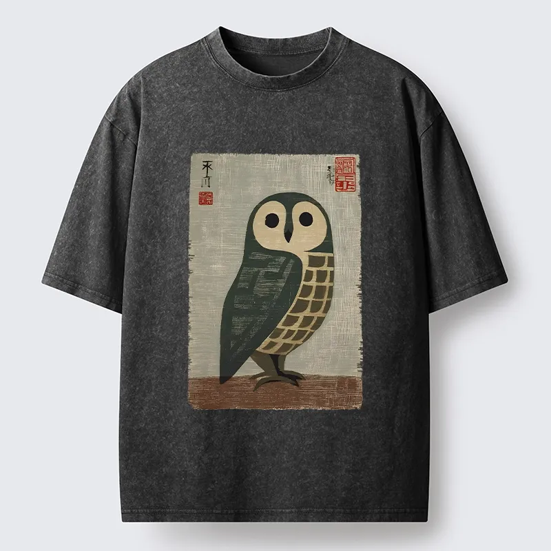Tokyo-Lion Traditional Owl In Japanese Art Washed T-Shirt