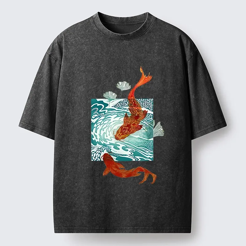 Tokyo-Lion Vibrant Koi In Wave Patterns Washed T-Shirt