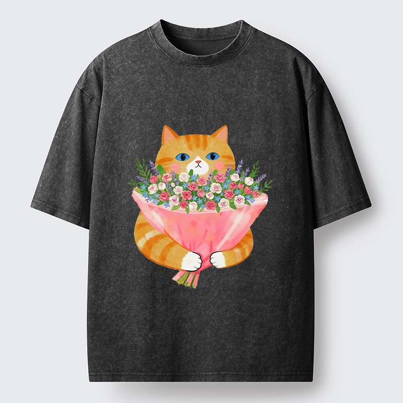 Tokyo-Lion Cozy Cat Offering A Bouquet Washed T-Shirt