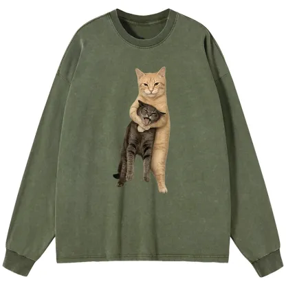 Tokyo-Lion Orange Cat’s Tight Embrace Washed Long Sleeve T-Shirt