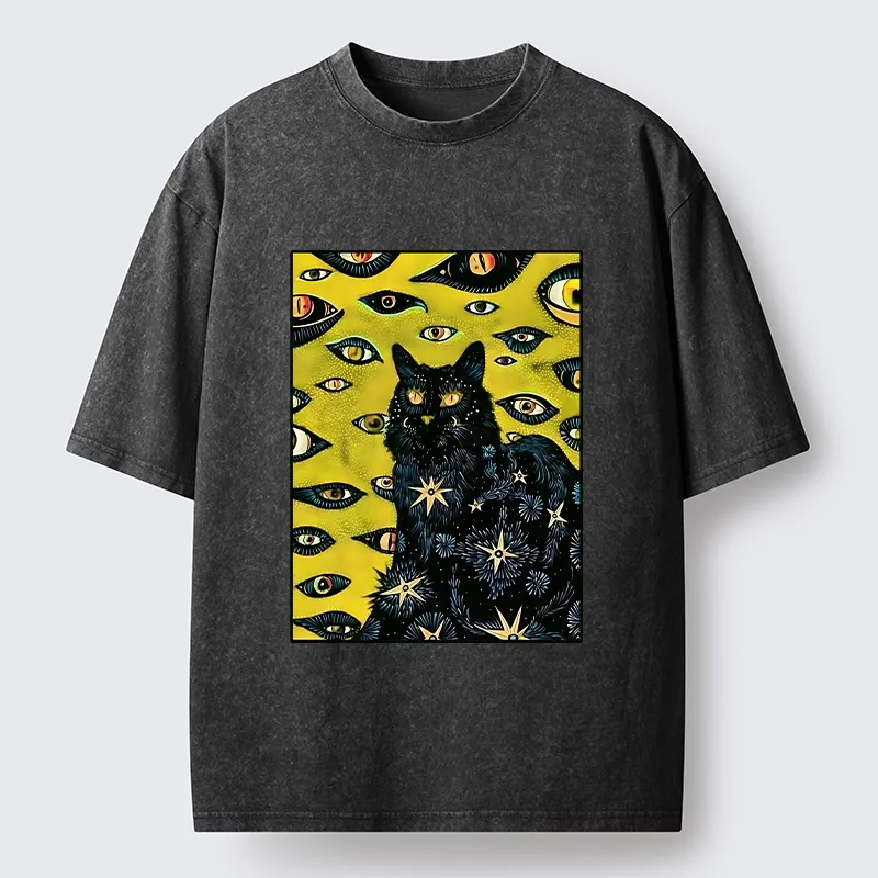 Tokyo-Lion Cat With Many Eyes And Stars Washed T-Shirt