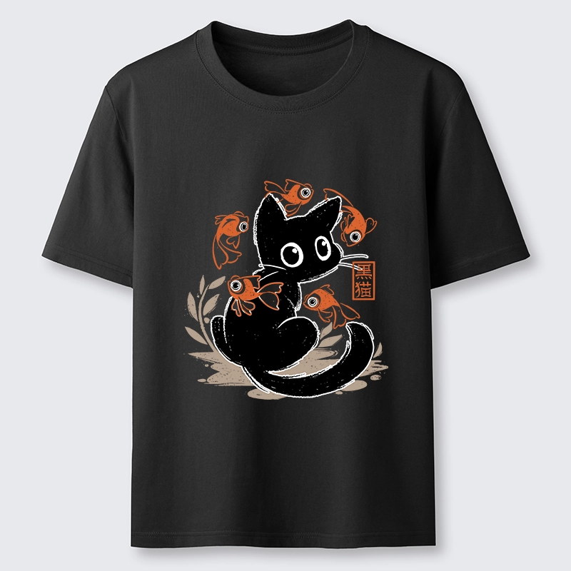 Tokyo-Lion Curious Black Cat Among Fish Classic T-Shirt-Tokyo-Lion