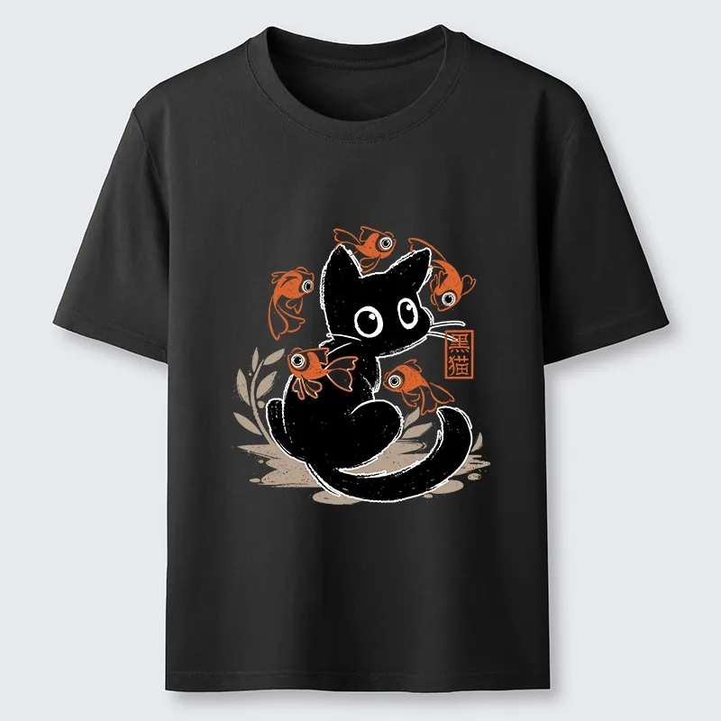 Tokyo-Lion Curious Black Cat Among Fish Classic T-Shirt-Tokyo-Lion