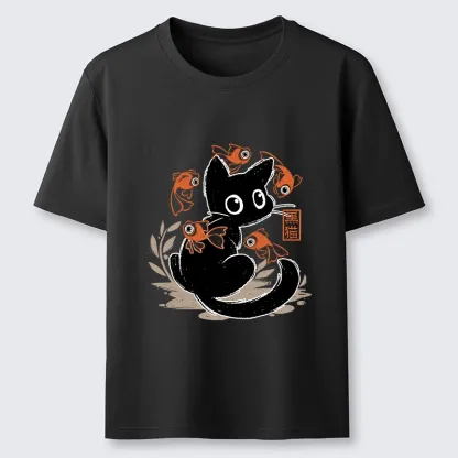Tokyo-Lion Curious Black Cat Among Fish Classic T-Shirt-Tokyo-Lion