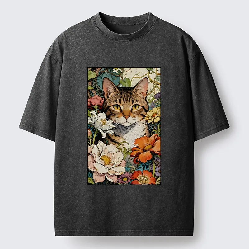 Tokyo-Lion A Cat Hidden In Flowers Washed T-Shirt-Tokyo-Lion
