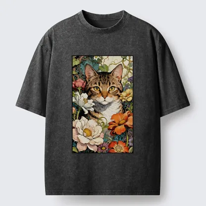 Tokyo-Lion A Cat Hidden In Flowers Washed T-Shirt-Tokyo-Lion
