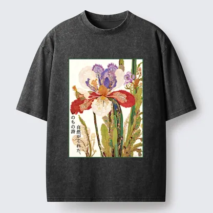 Tokyo-Lion Vintage Japanese Flower Painting Washed T-Shirt-Tokyo-Lion